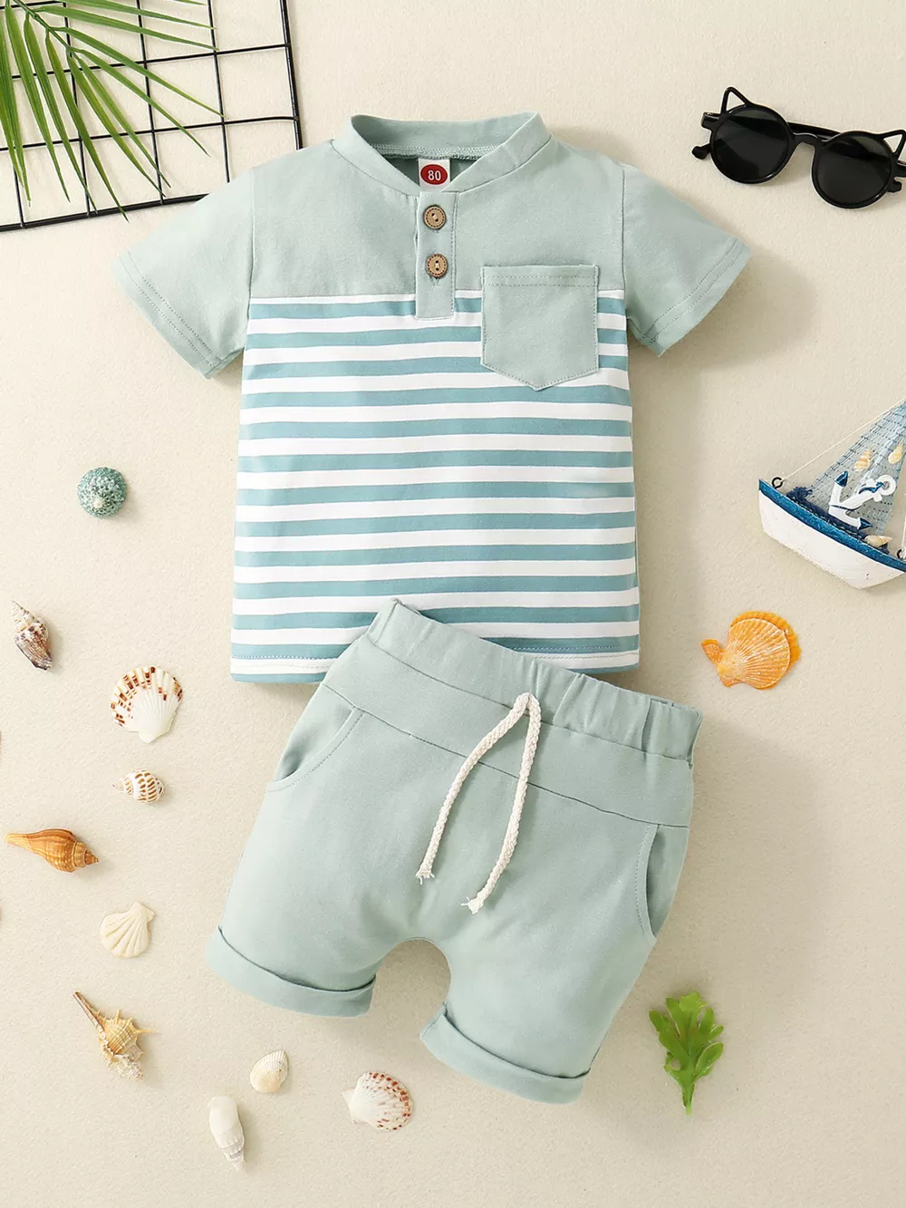 Children's Striped Button Detail Polo and Shorts Set, image 3