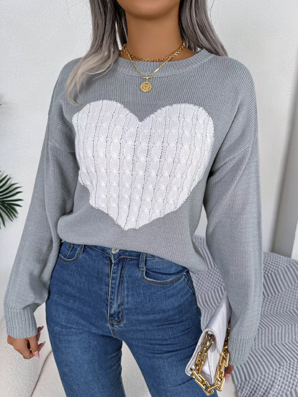 Cable Knit Heart Round Neck Sweater, image 3