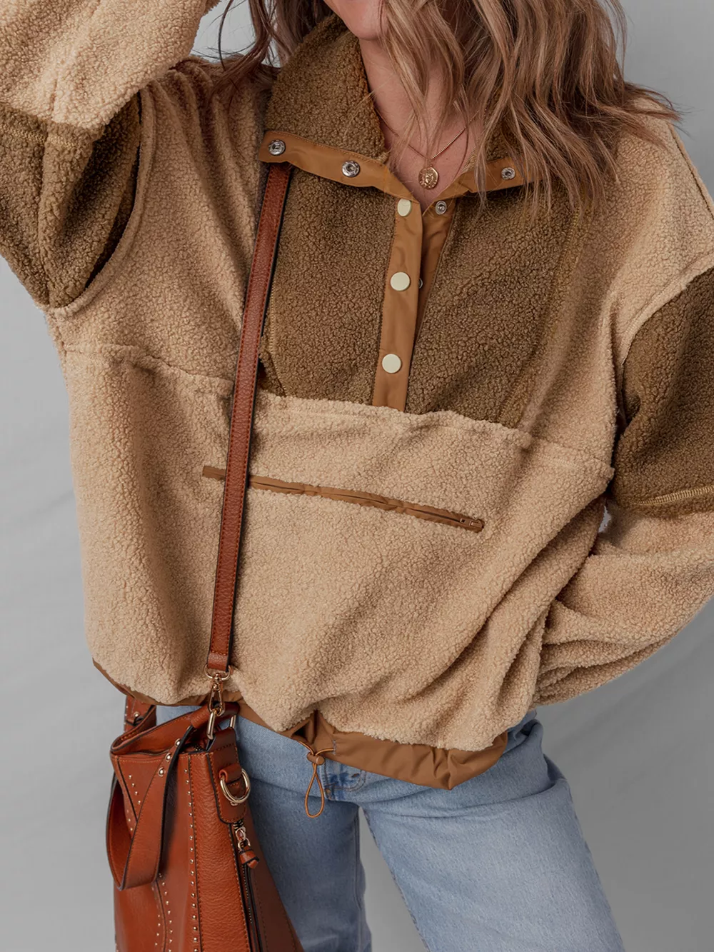 Color Block Patchwork Half Button Sherpa Sweatshirt, image 6
