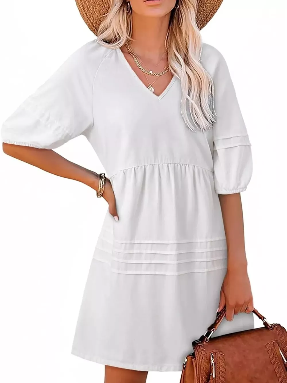 Casual V-Neck Puff Sleeve Denim Mini Dress, image 8