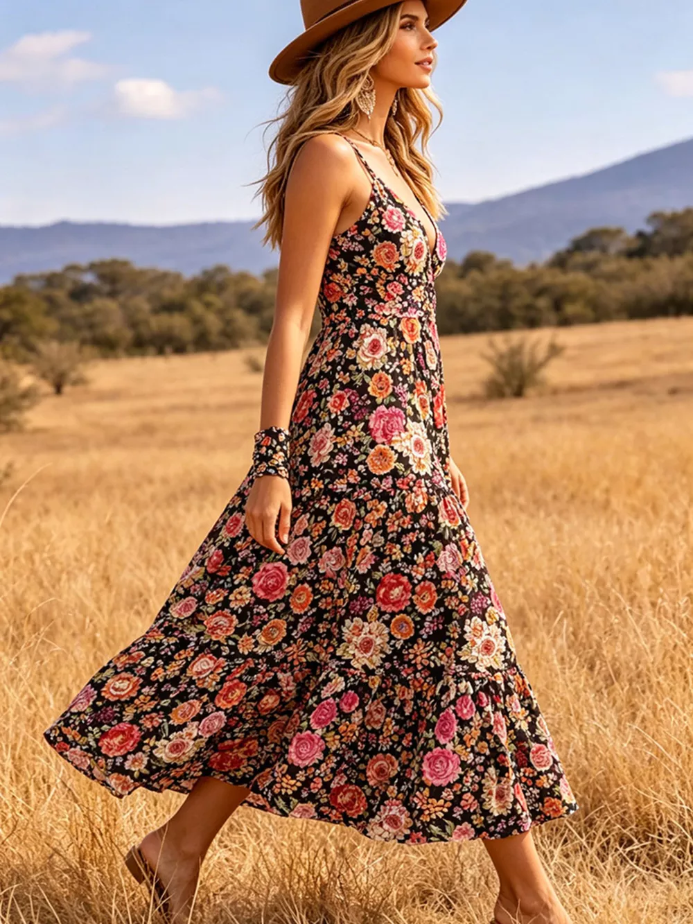Floral Print V-Neck Midi Dress, image 5