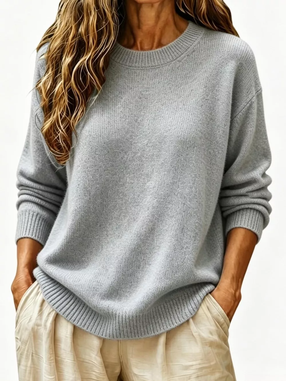Full Size Round Neck Dropped Shoulder Sweater Plus Size, image 13