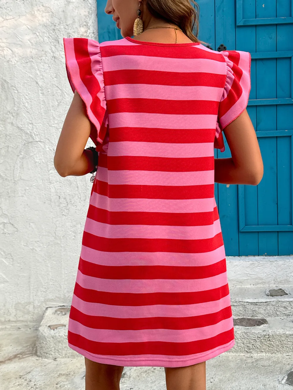 Striped Ruffle Sleeve Casual Summer Dress, image 5