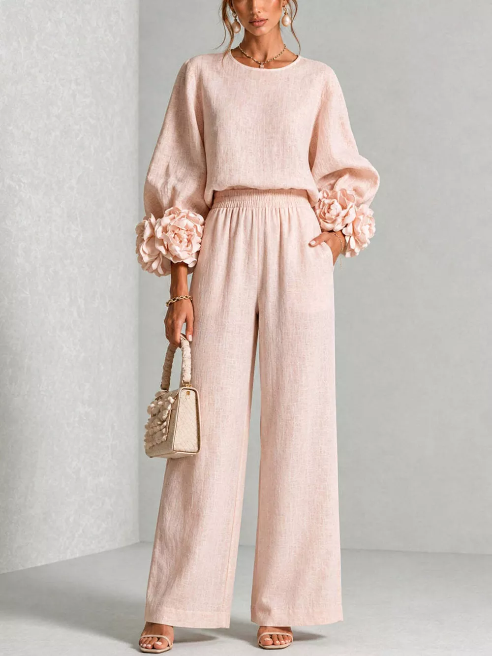 Full Size Floral Cuffs Top and Wide Leg Pants Set Plus Size, image 2