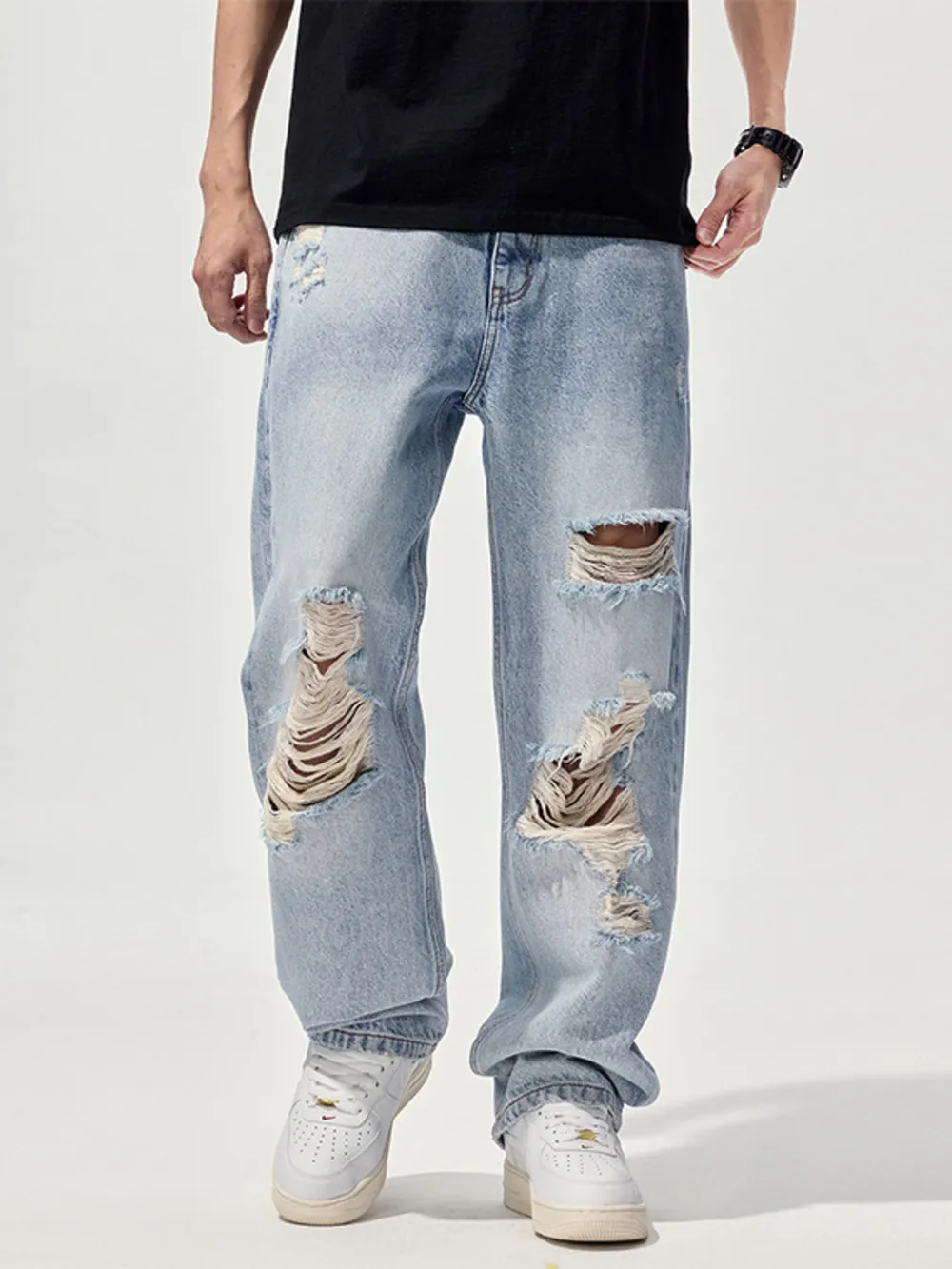 Men's Distressed Washed Wide Leg Jeans, image 2