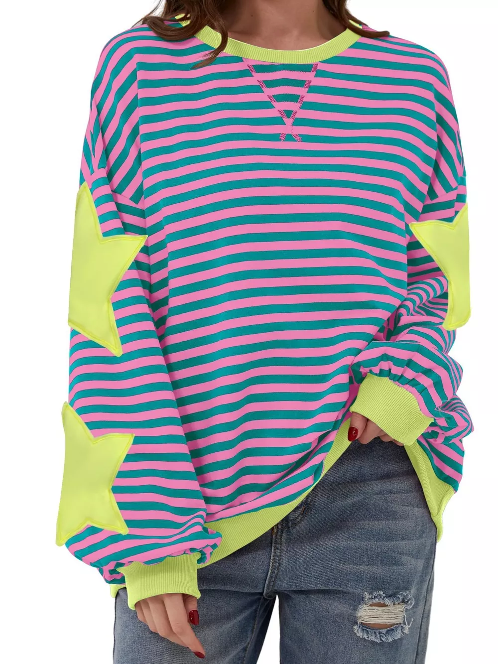 Full Size Star Patch Striped Oversized Sweatshirt Plus Size, image 2