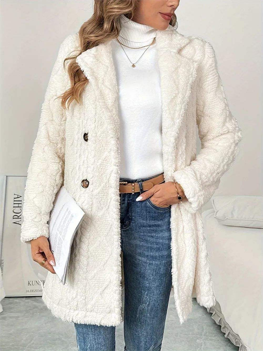 Fleece Double-Breasted Longline Coat, image 2