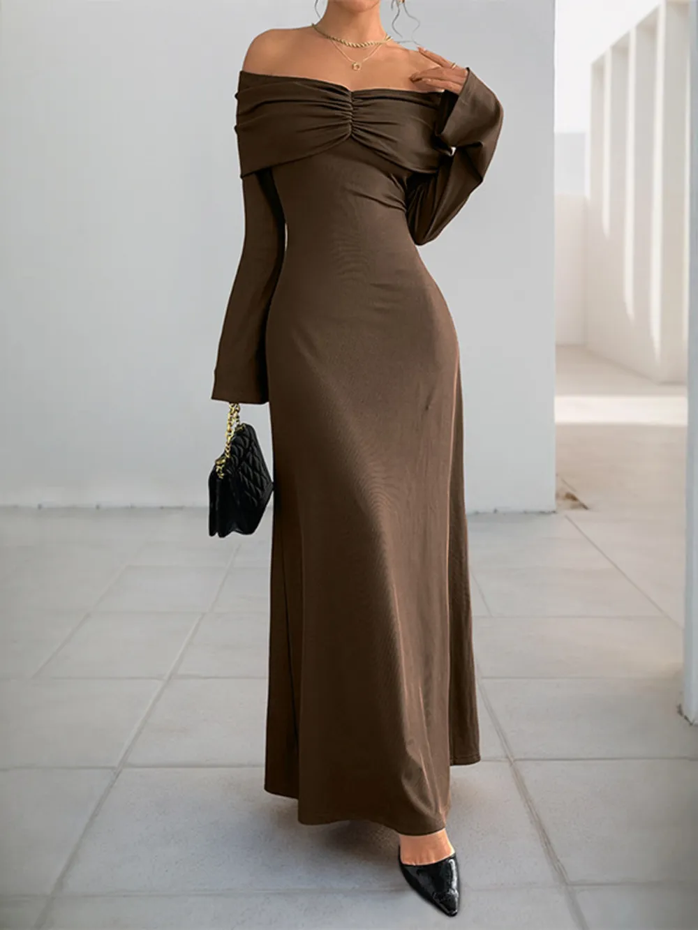 Off-Shoulder Long Sleeve Bodycon Maxi Dress