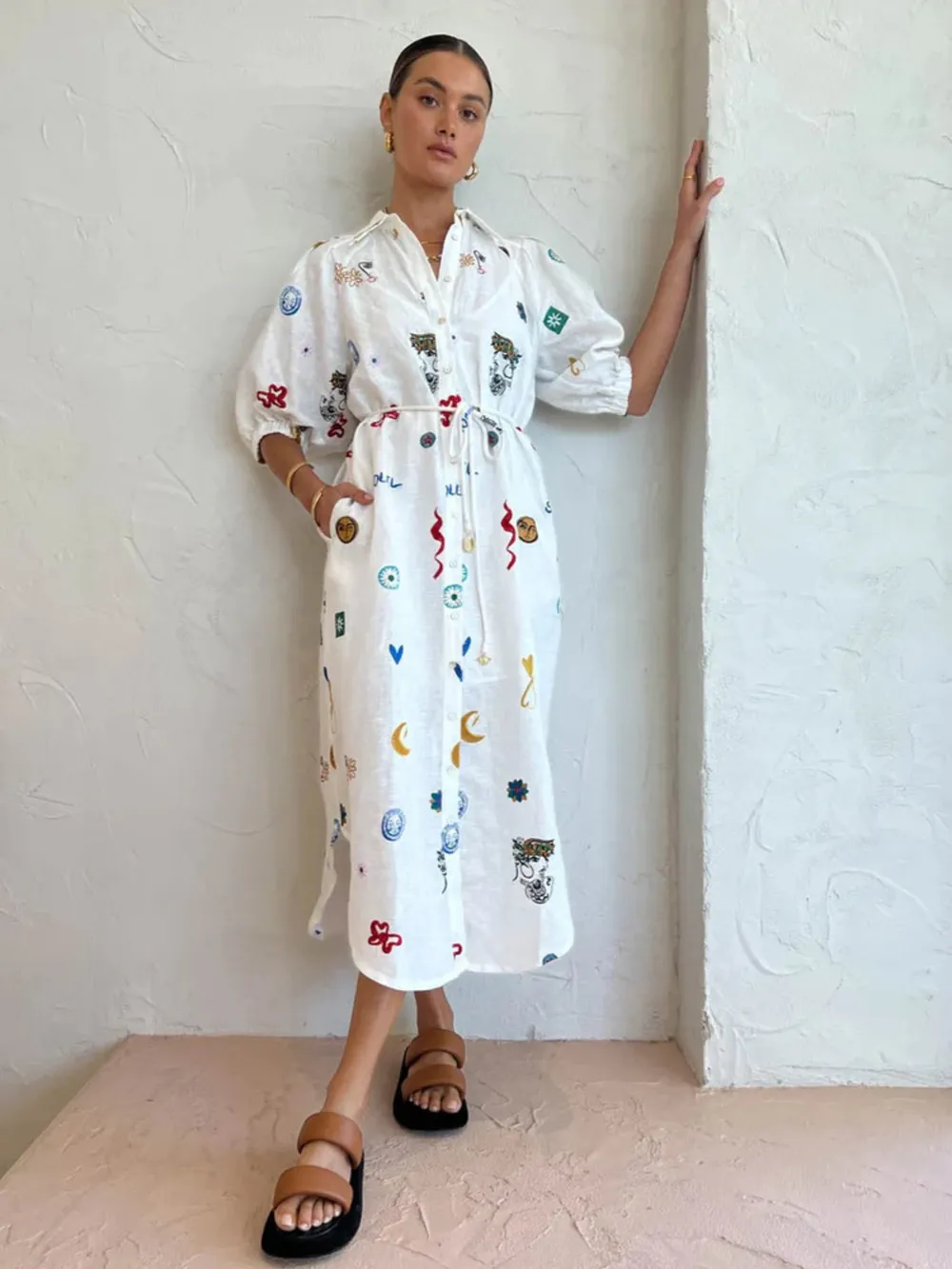 Printed Button Up Midi Shirt Dress, image 8