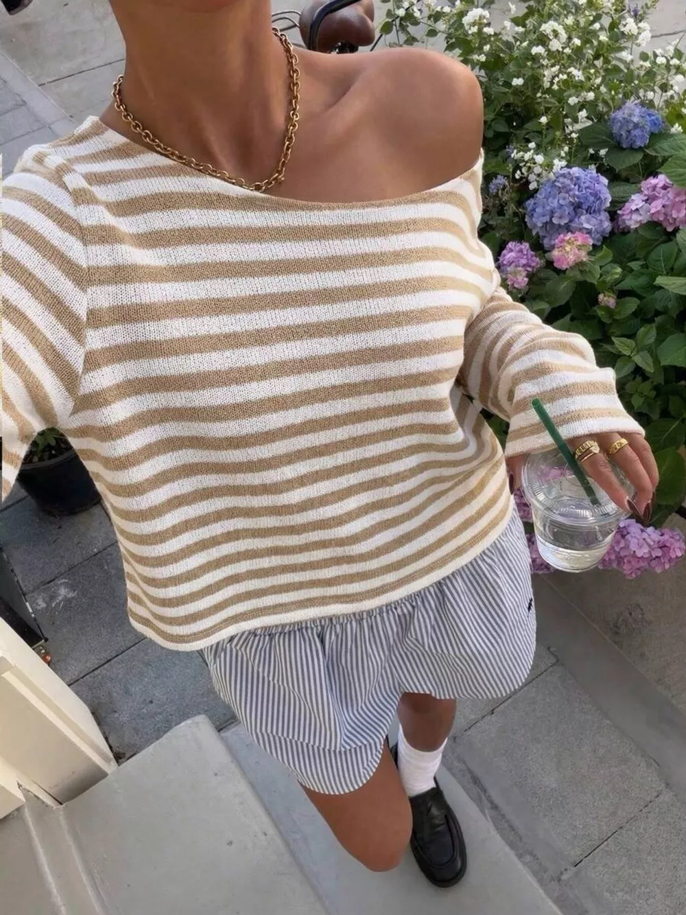 Boat Neck Striped Long Sleeve T-Shirt, image 18