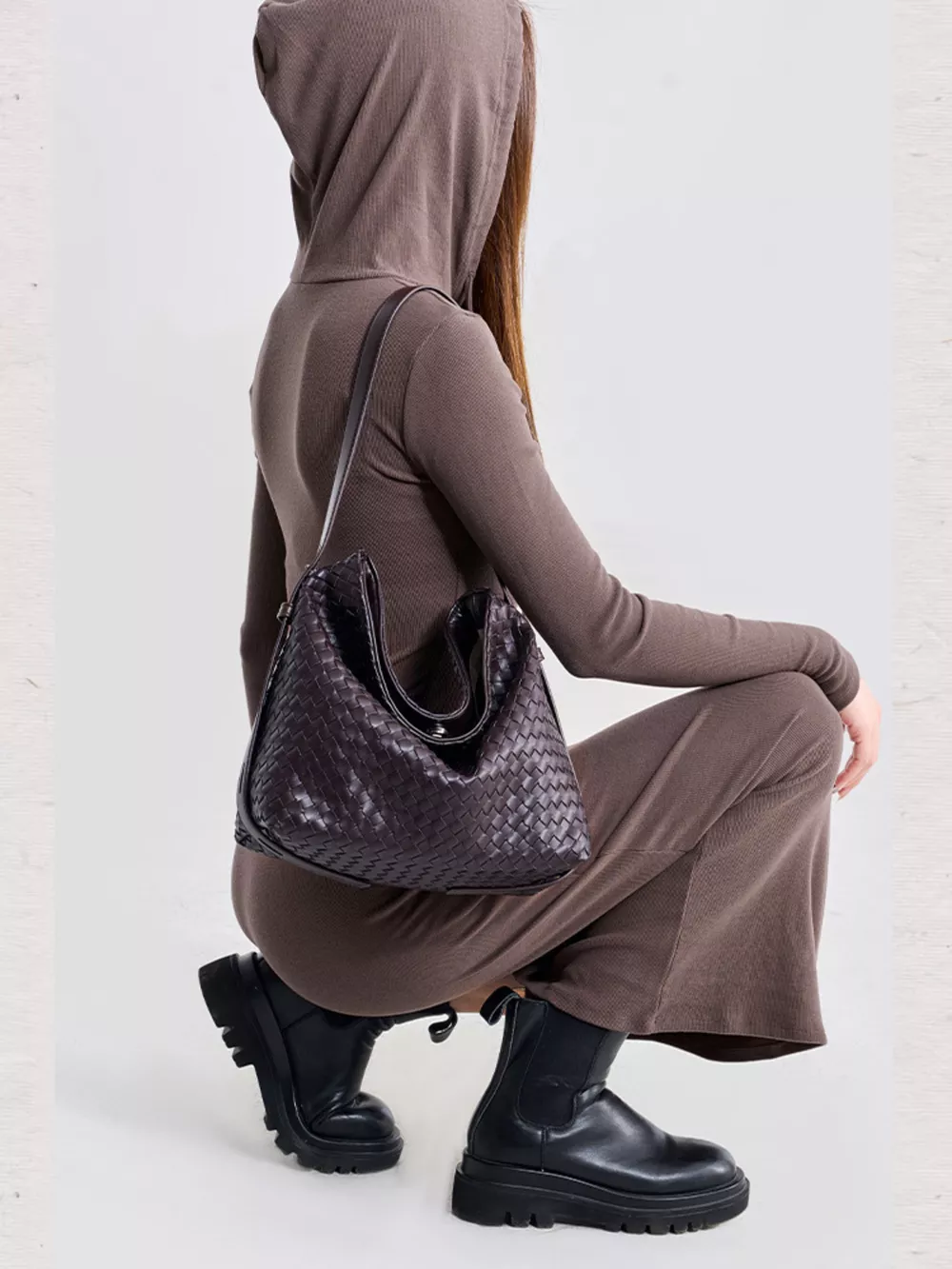 Woven Leather Hobo Shoulder Bag, image 3
