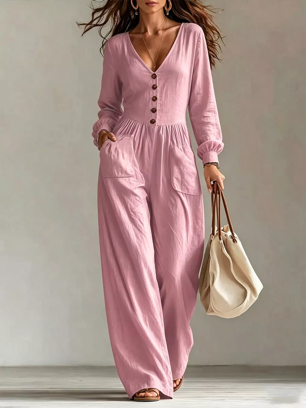 V-Neck Long Sleeve Button Front Wide-Leg Jumpsuit, image 9