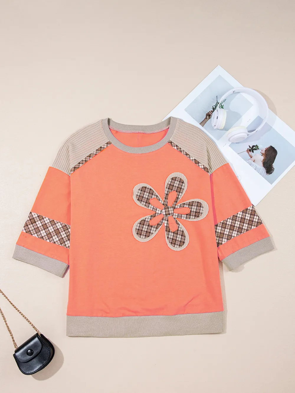 Plaid Waffle Flower Patchwork Contrast Top, image 5
