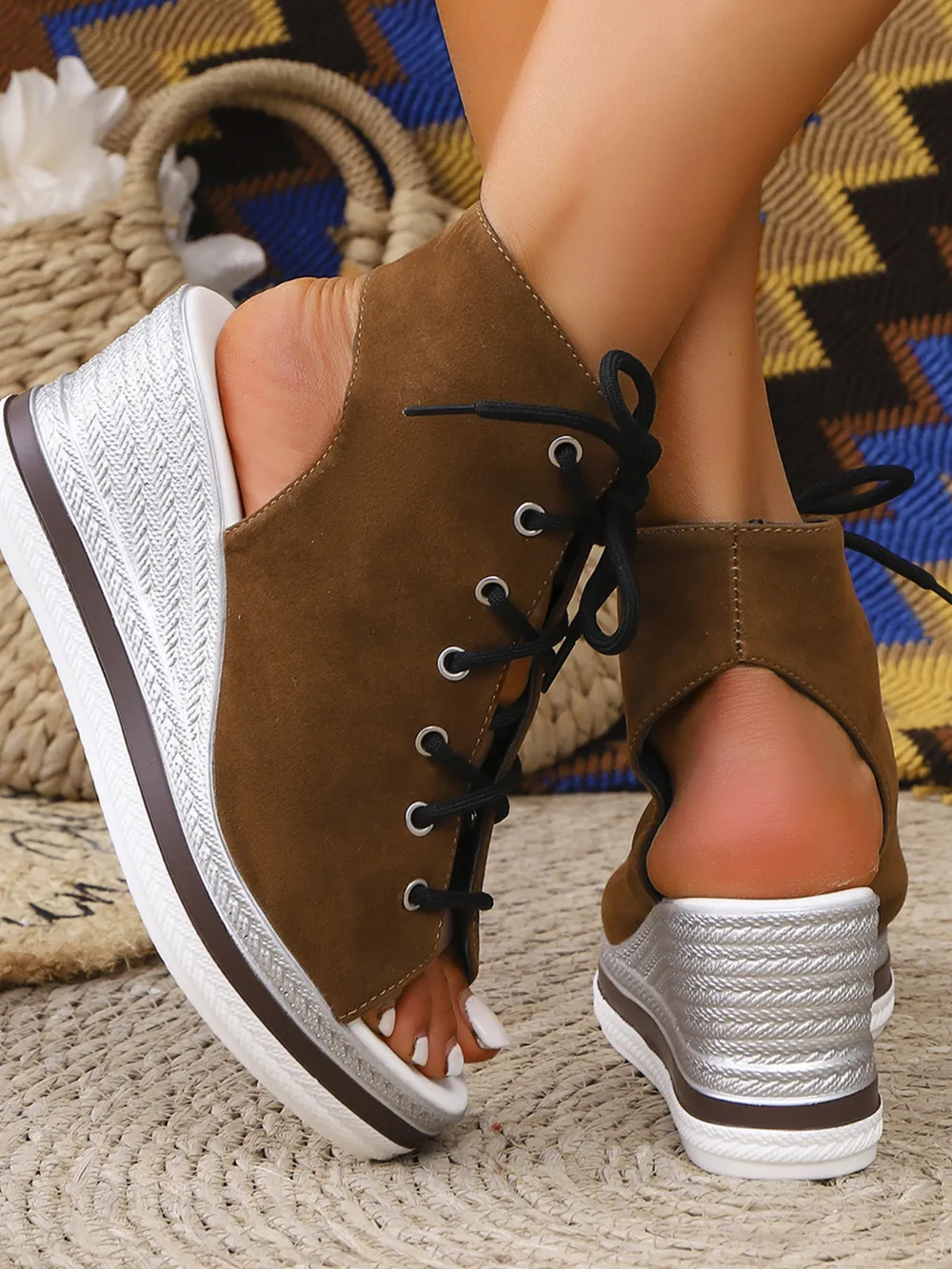 Lace Up Open Toe Wedge Sandals, image 9
