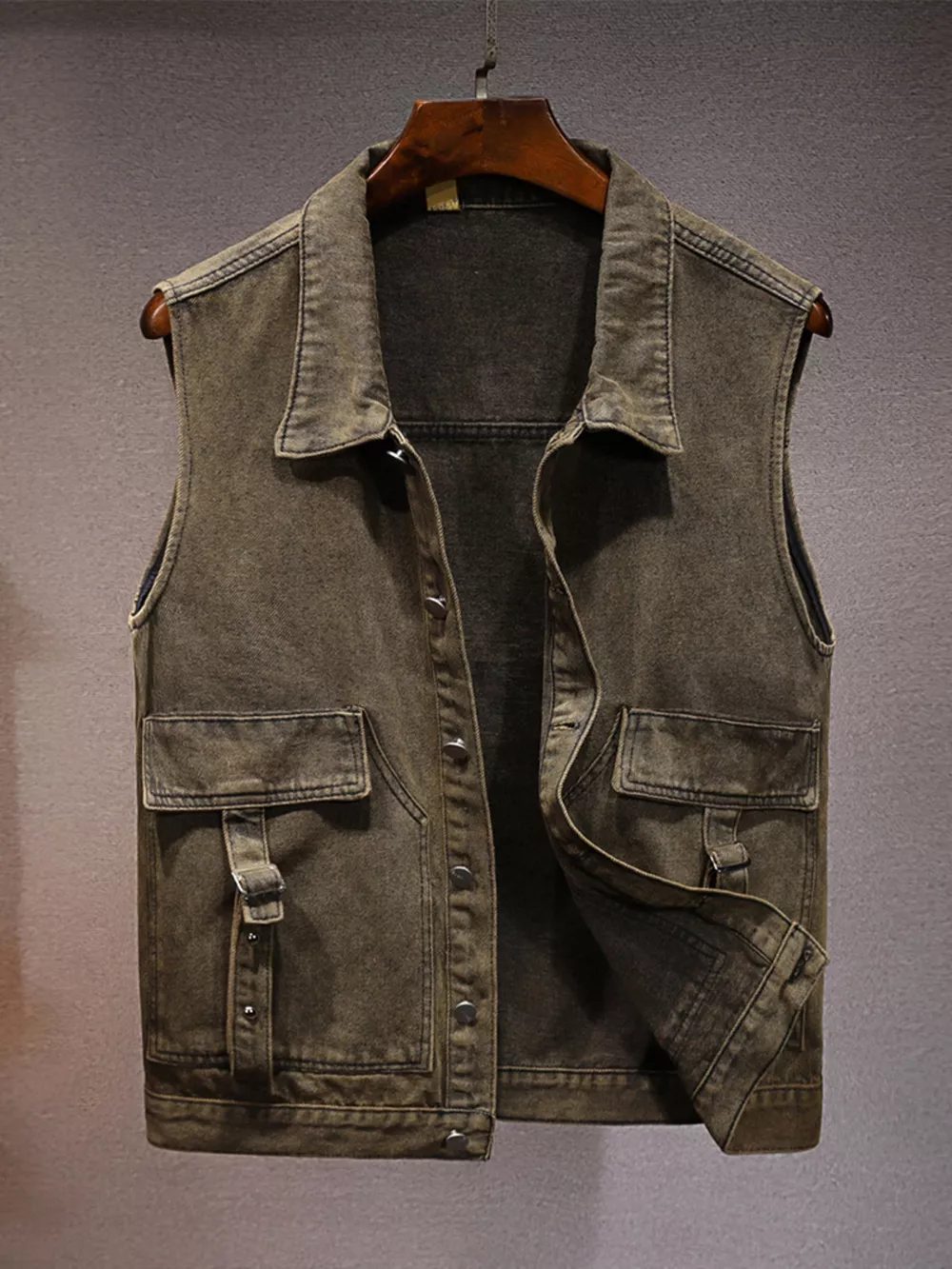 Men's Plus Size Vintage Washed Denim Vest with Pockets, image 2