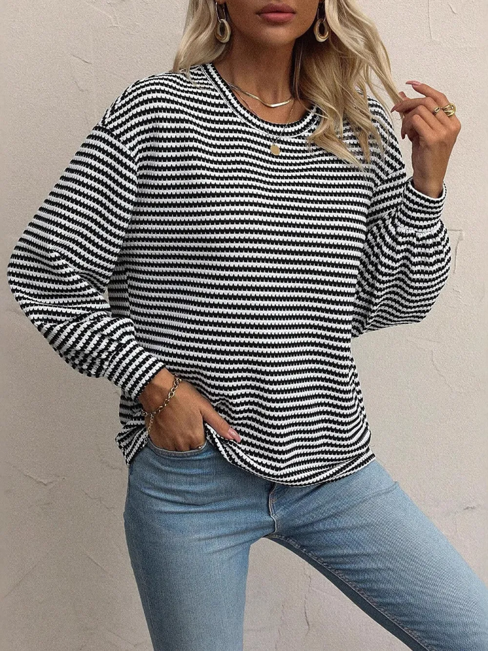 Striped Round Neck Lantern Sleeve Top, image 4