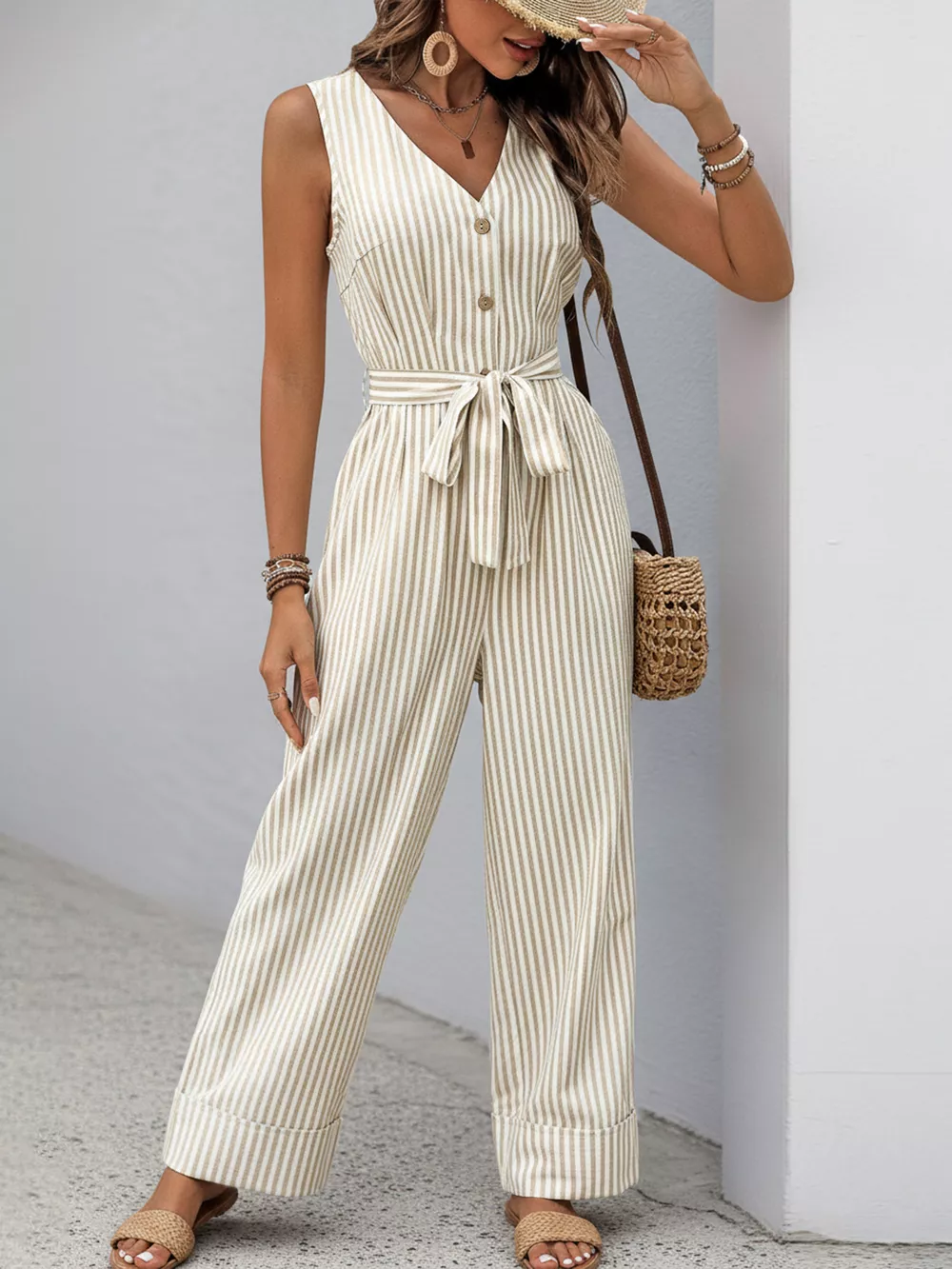 Striped Button-Front Wide Leg Jumpsuit, image 9