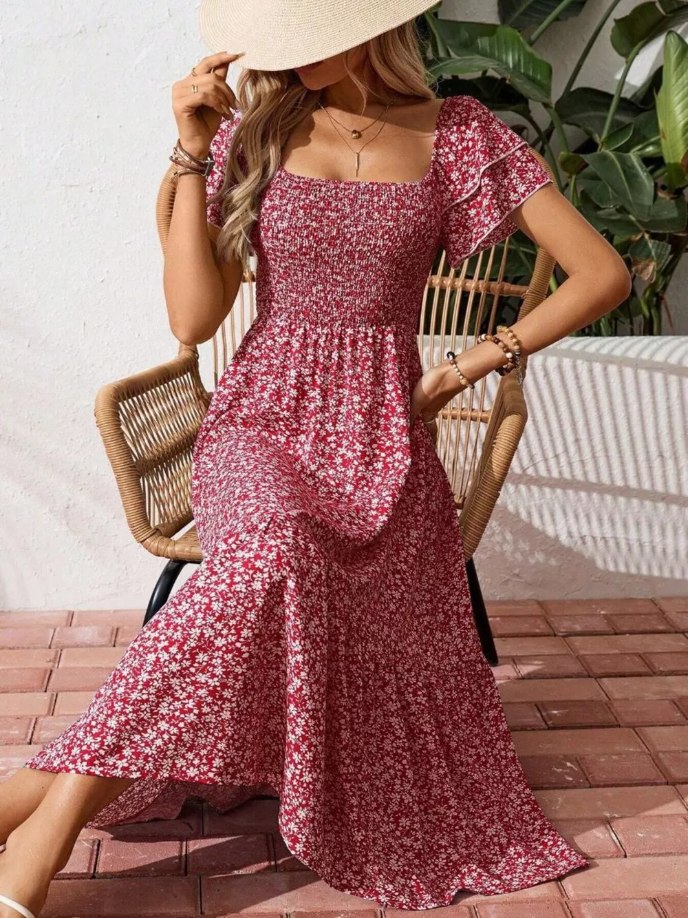 Floral Print Smocked Ruffle Sleeves Dress, image 22