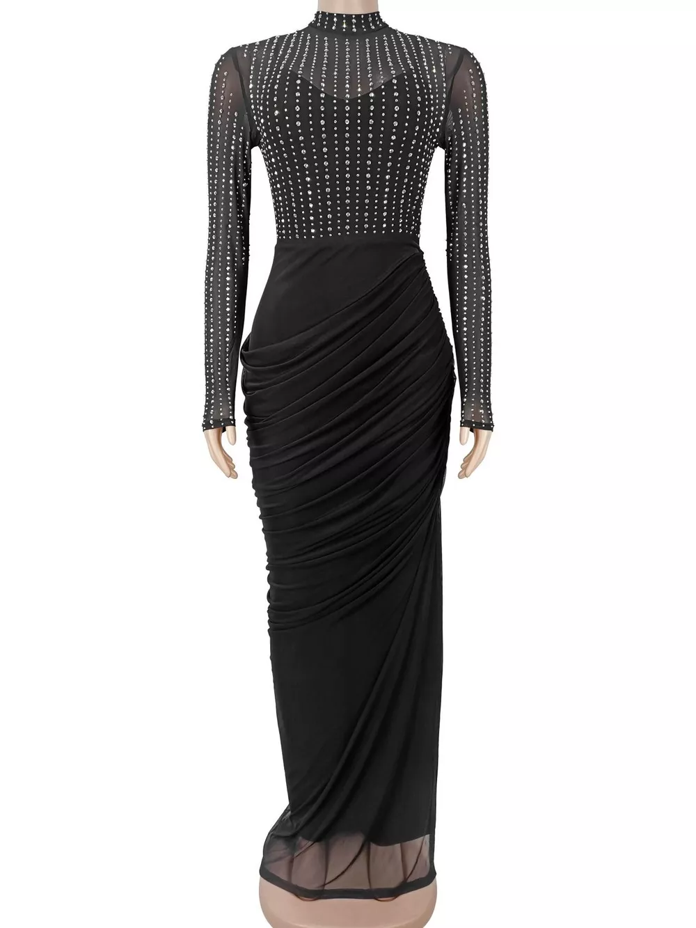 Rhinestone Mock Neck Ruched Maxi Dress, image 3