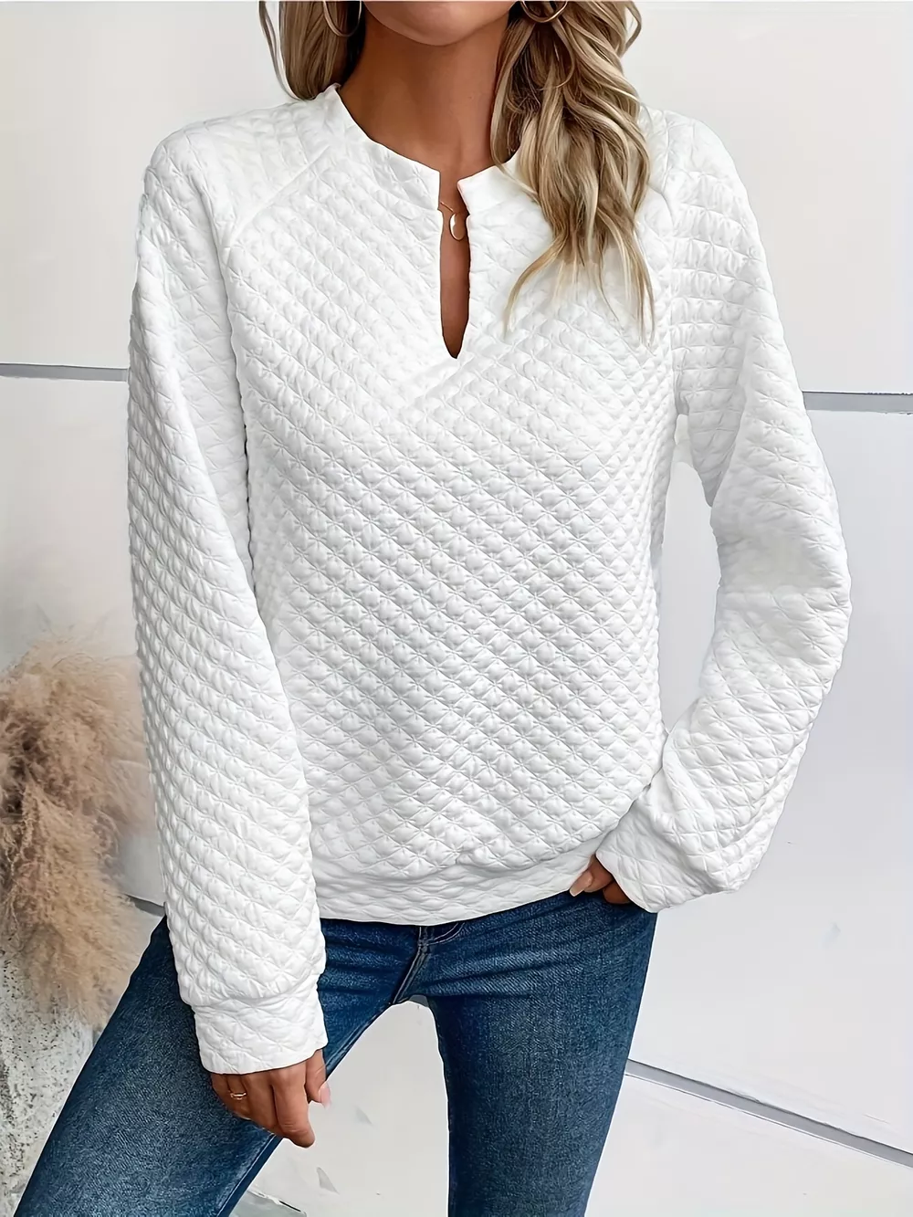 Textured Long Sleeve Notched Sweatshirt, image 3