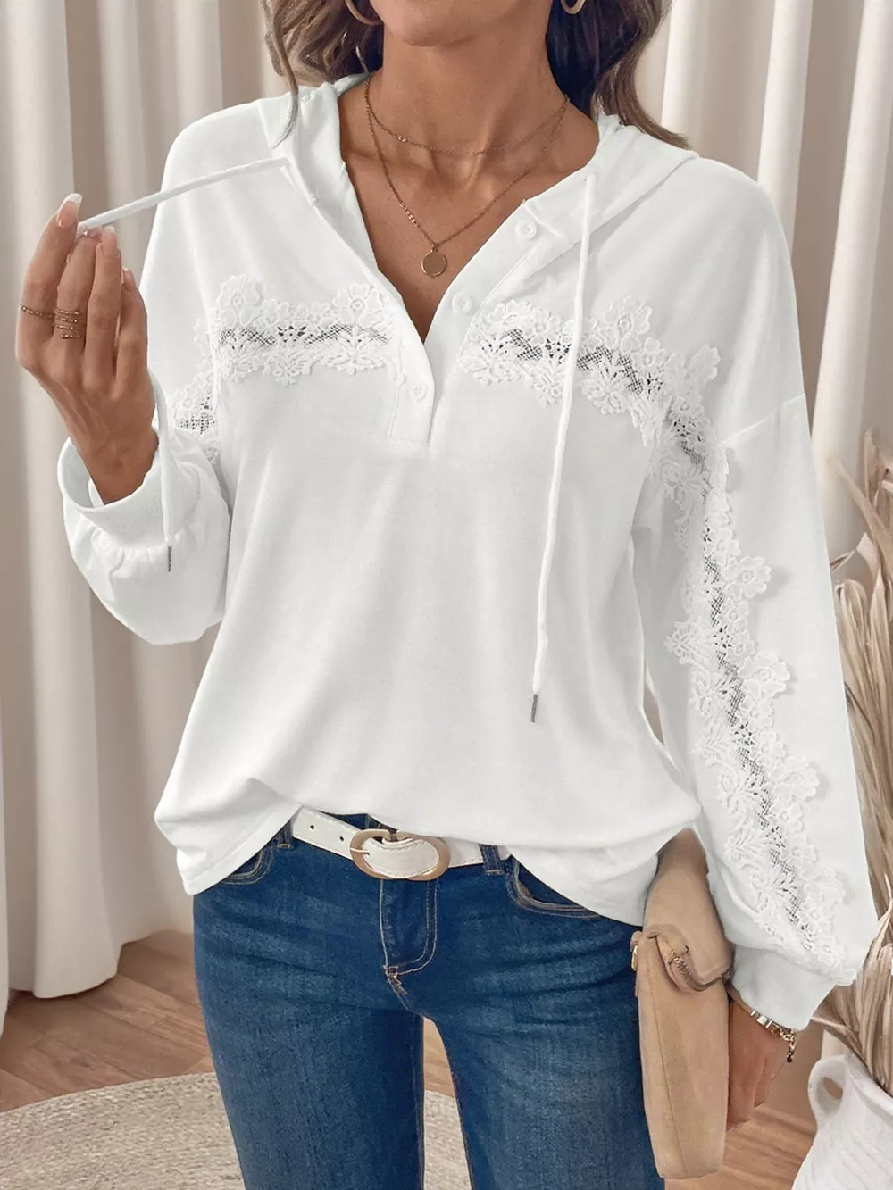 Lace Detail Long Sleeve Drawstring Hoodie, image 5