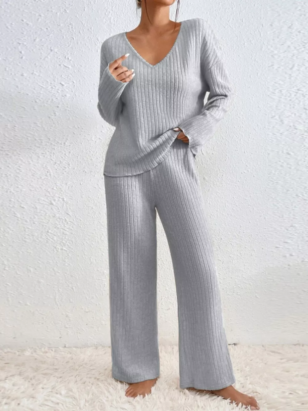 Ribbed V-Neck Top and Pants Set, image 14