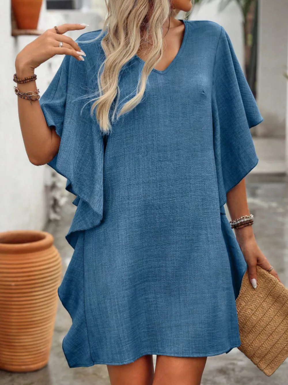 Flowy Sleeve V-Neck Casual Mini Dress, image 3