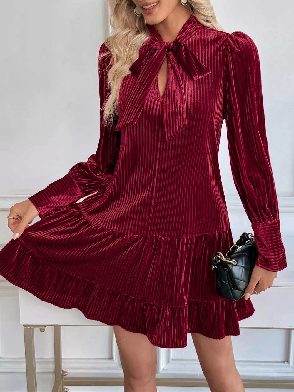 Velvet Tie Front Tiered Mini Dress, image 10