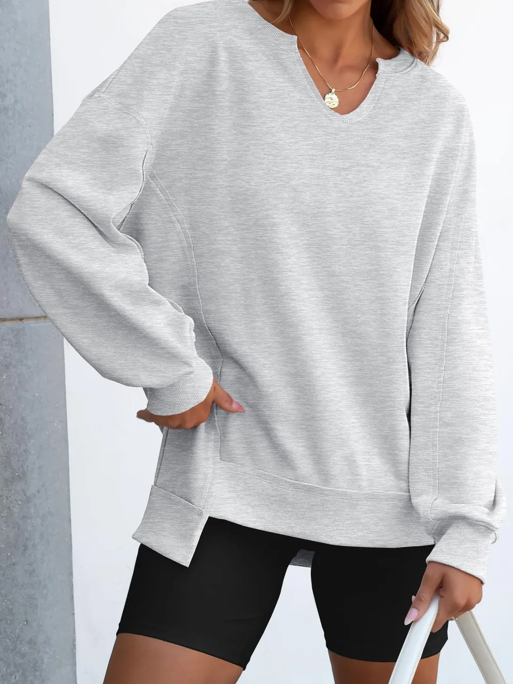 Notched Long Sleeve Oversized Sweatshirt, image 25