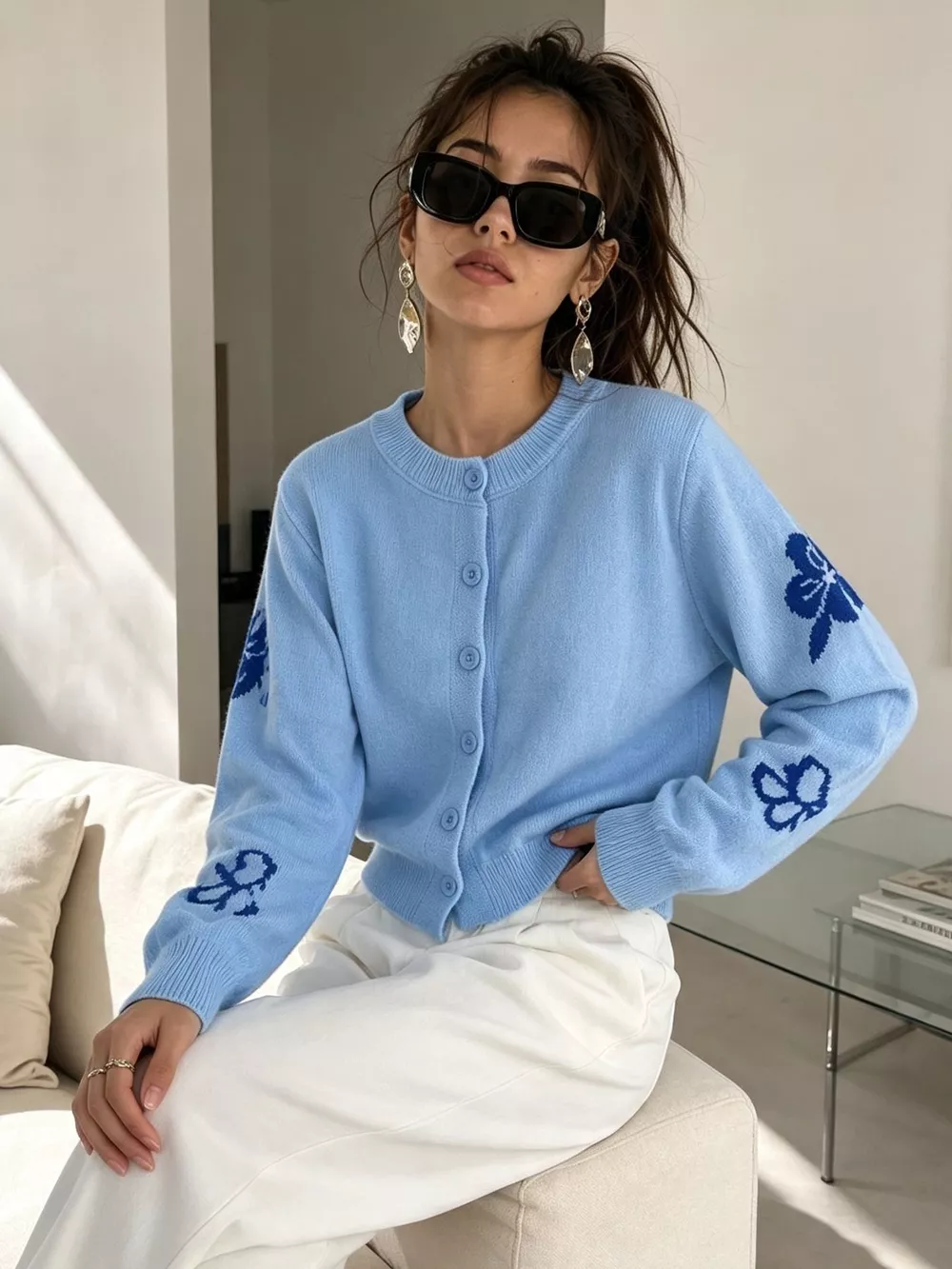 Floral Crew Neck Cropped Knit Cardigan, image 3