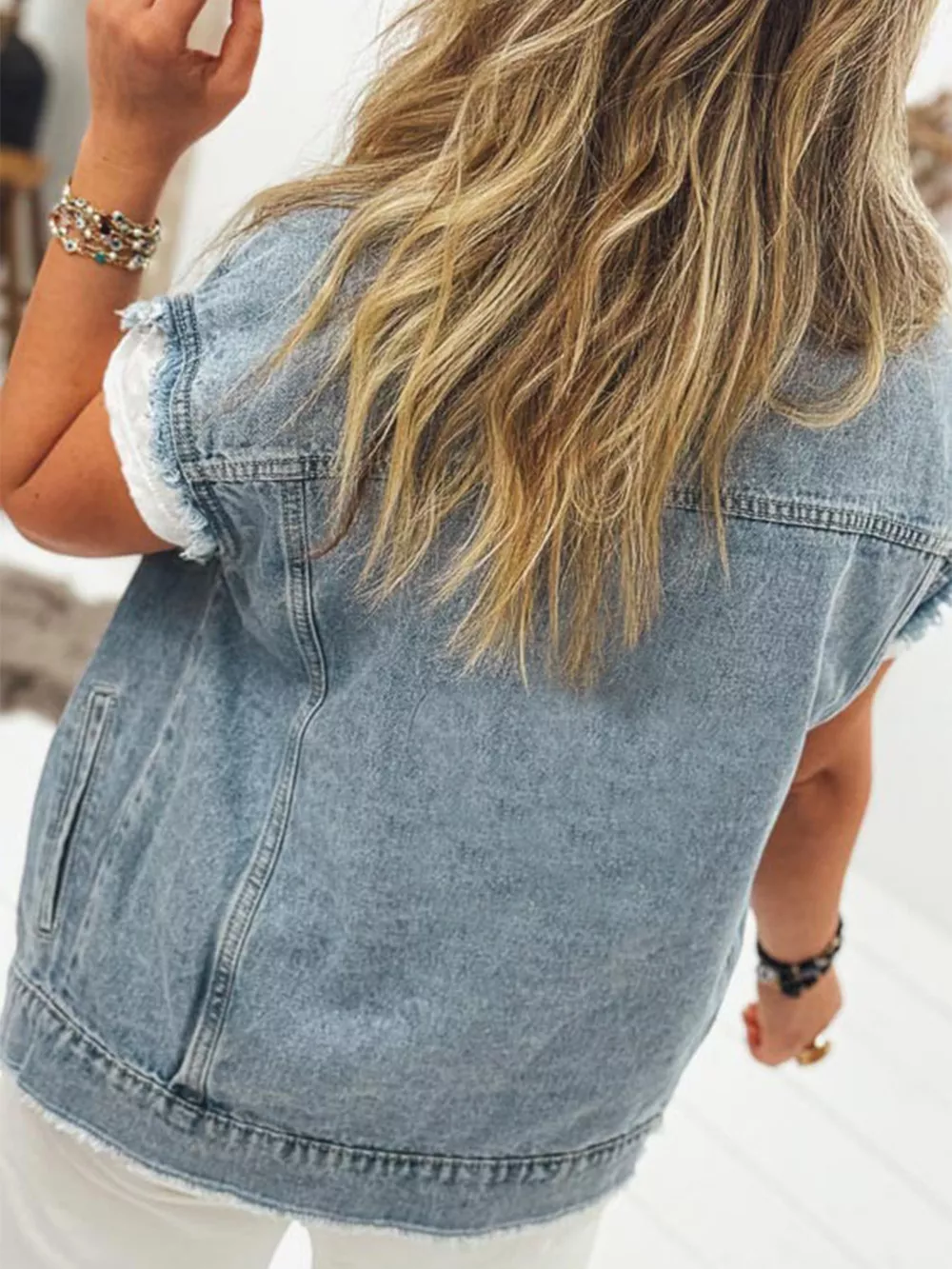 Button Flap Pocket Frayed Detail Denim Vest, image 4