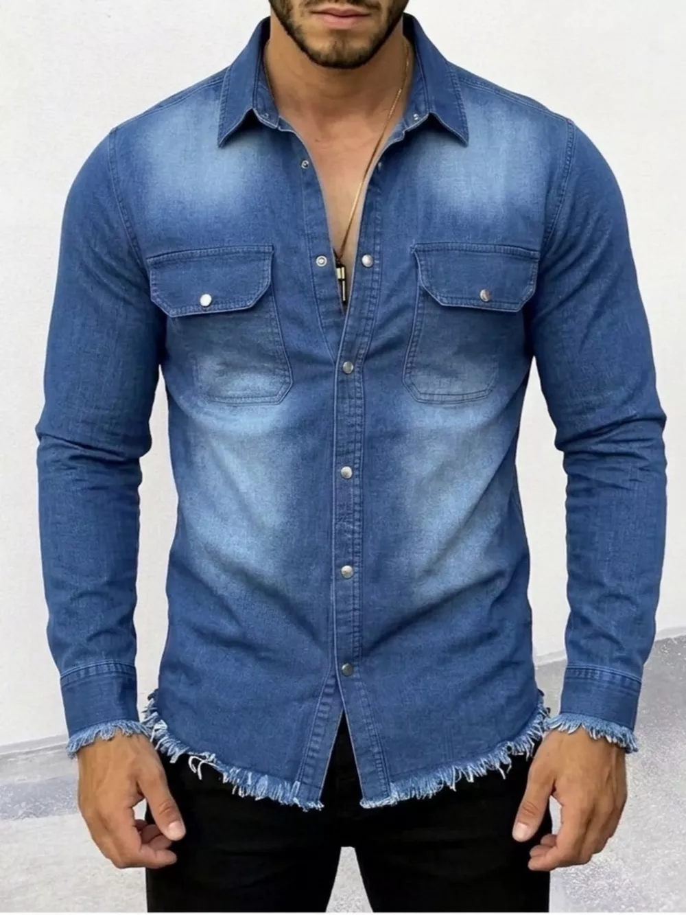 Men's Frayed Hem Denim Shirt, image 2