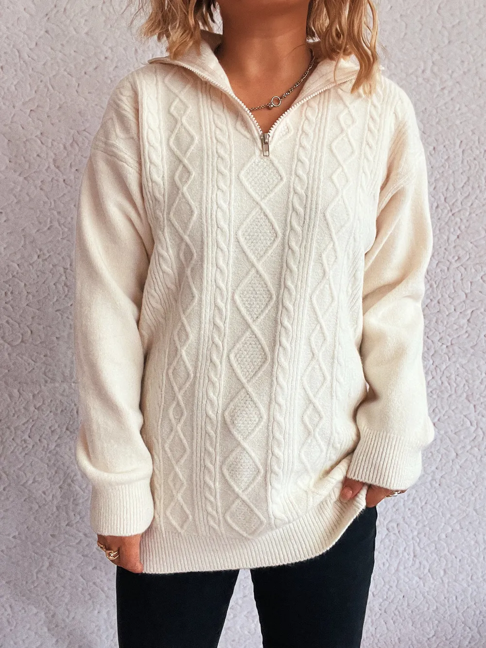 Texture Zip Collar Long Sleeve Sweater, image 17