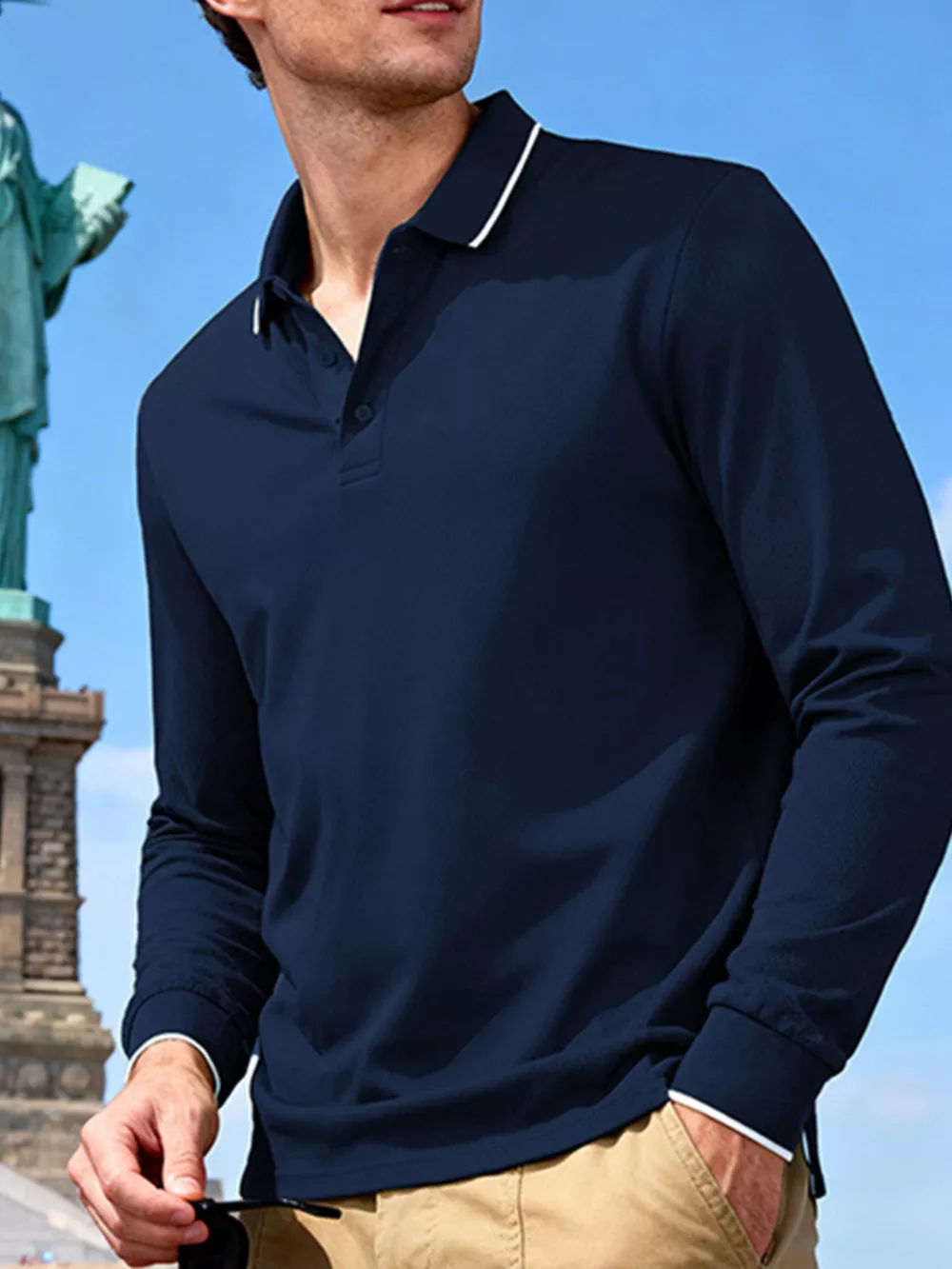 Men's Full Size Classic Long-Sleeve Polo Shirt with Contrast Trim Plus Size, image 12