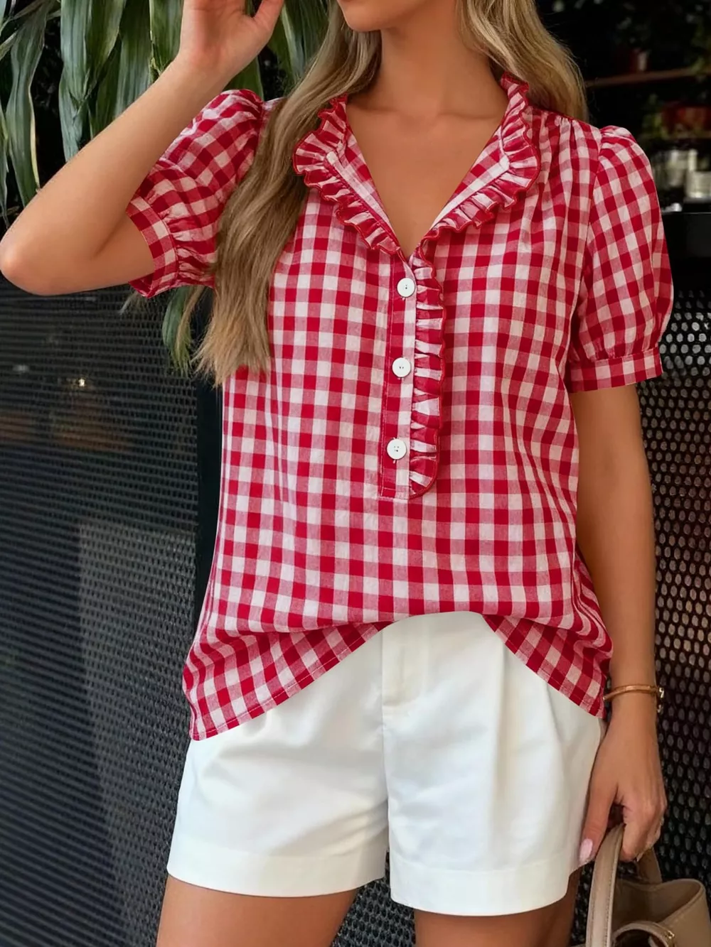 Gingham Button Front Puff Sleeve Blouse, image 7