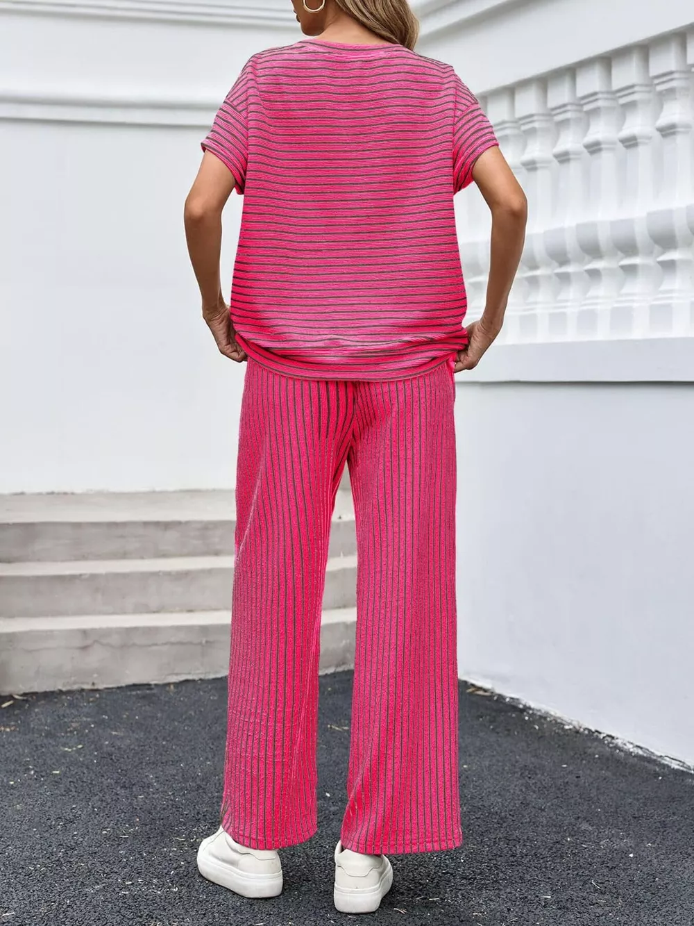 Casual Striped Short Sleeve Top and Wide Leg Pants Two-Piece Set, image 11