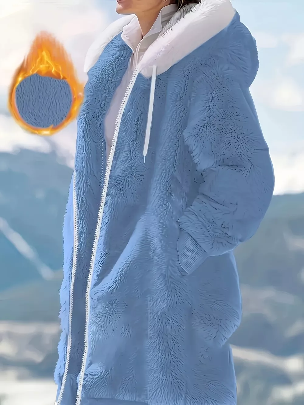 Cozy Fleece Hooded Longline Zip Up Outerwear, image 2
