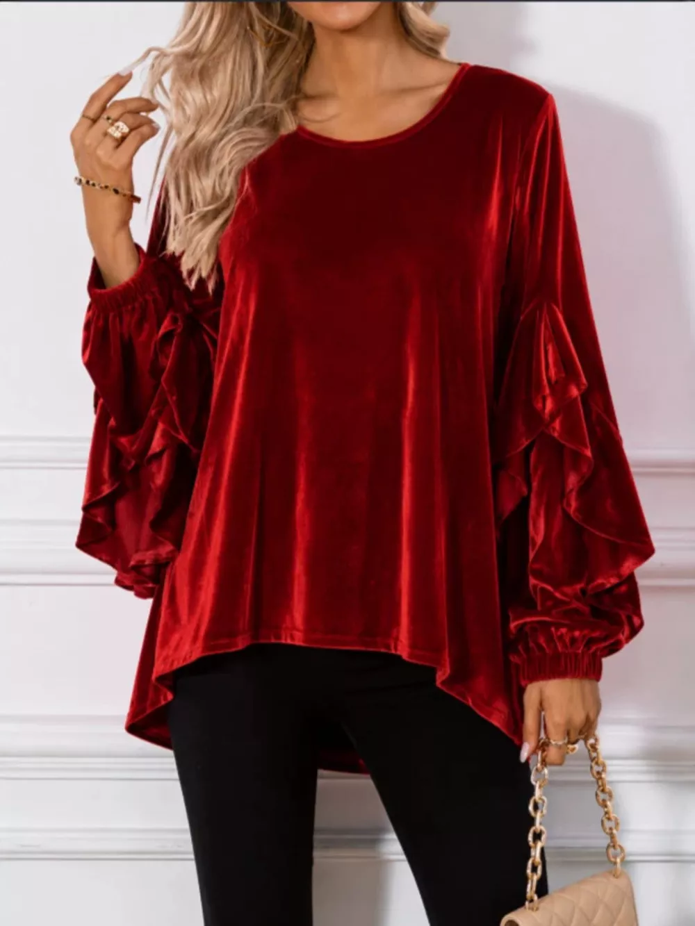Velvet Round Neck Ruffle Sleeve Top, image 7