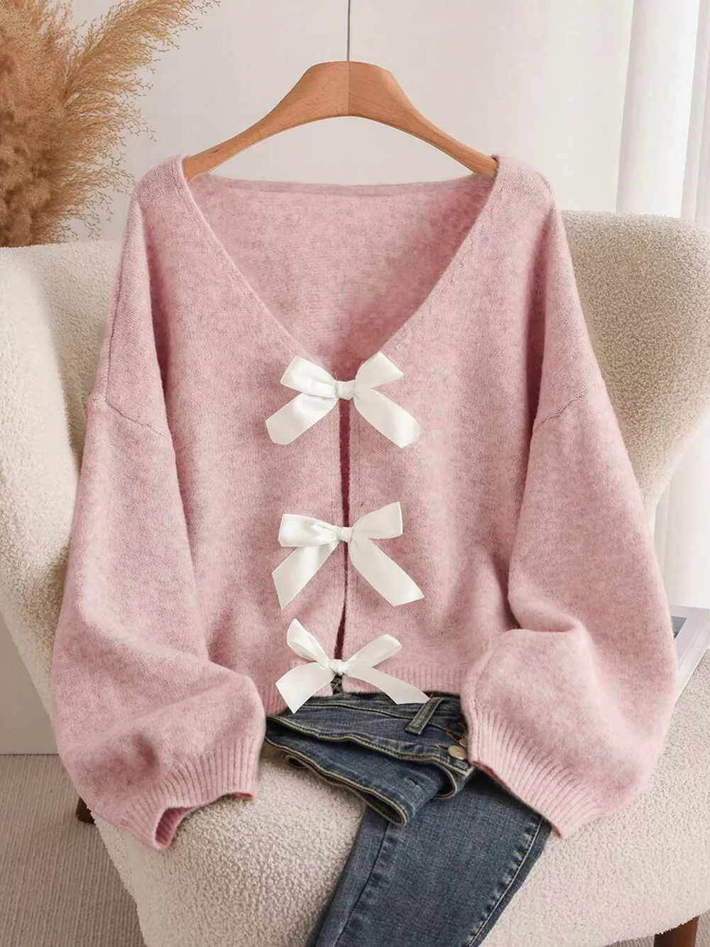 Bow-knot Front V-Neck Knit Cardigan, image 7