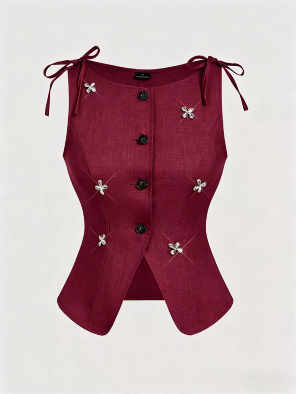 Button-Front Floral Decor Tie Shoulder Vest, image 9