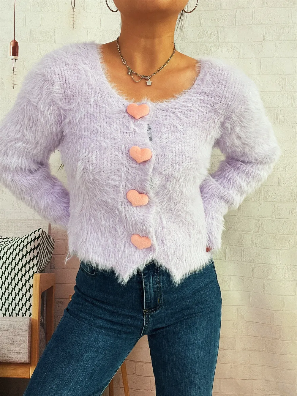 Fuzzy Heart Shape Button-Up Cardigan, image 5