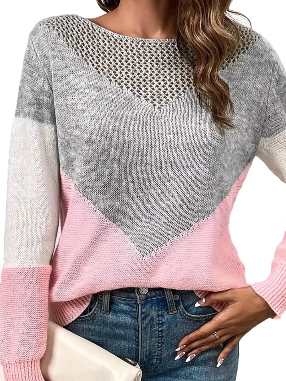 Openwork Color Block Long Sleeve Sweater, image 2