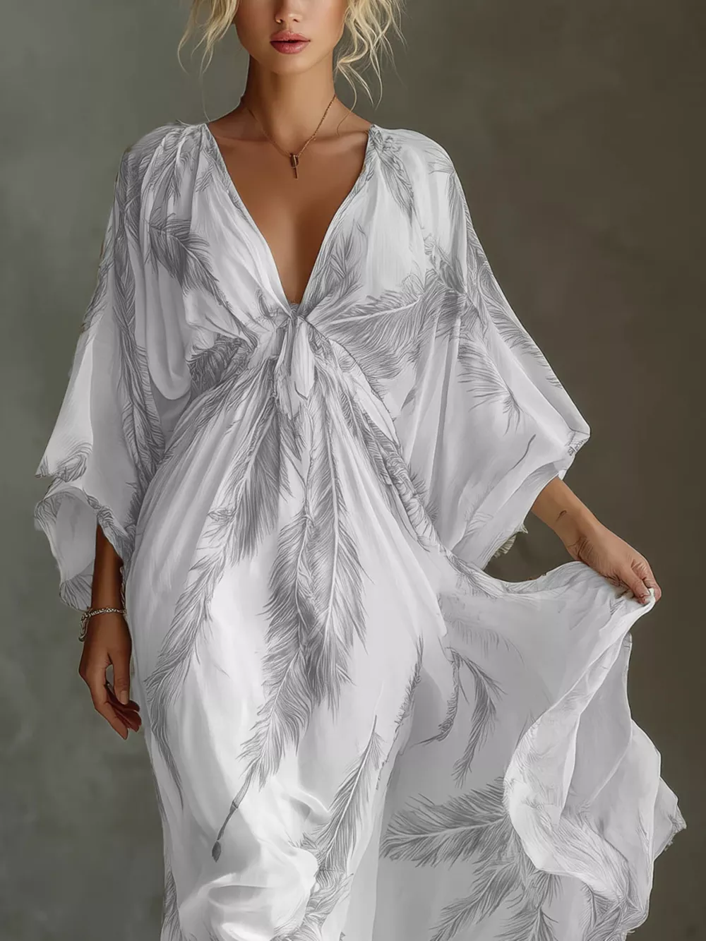 Full Size Feather Print V-Neck Flowy Maxi Dress Plus Size, image 8