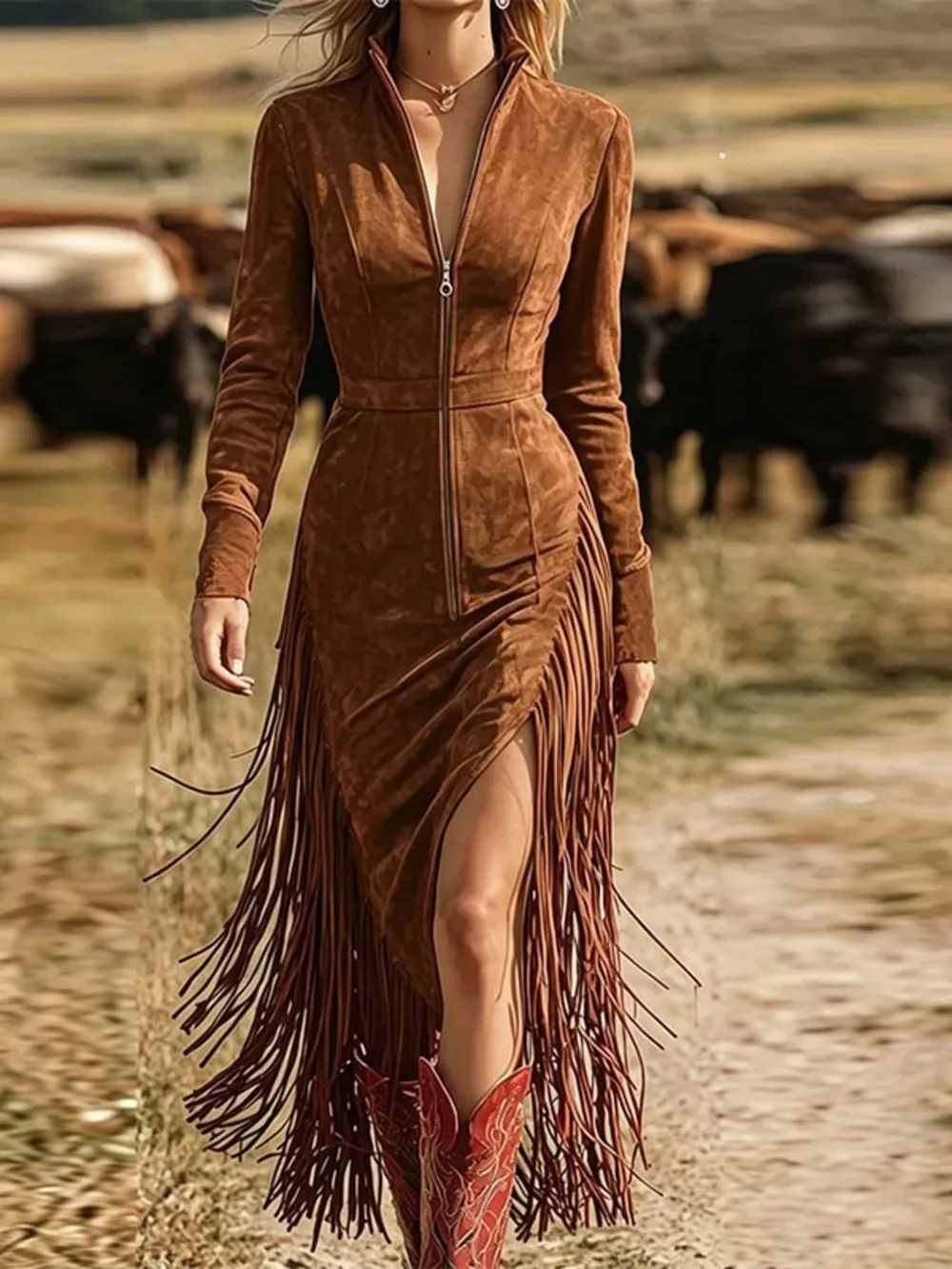 Fringe Zip-Front Midi Dress, image 4