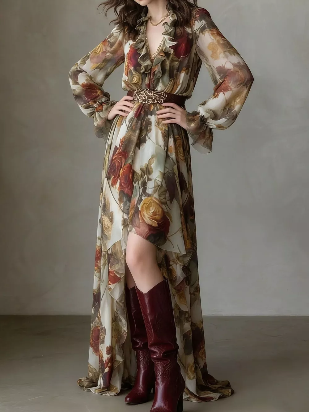 Floral Print Ruffle Trim High-Low Chiffon Maxi Dress, image 3