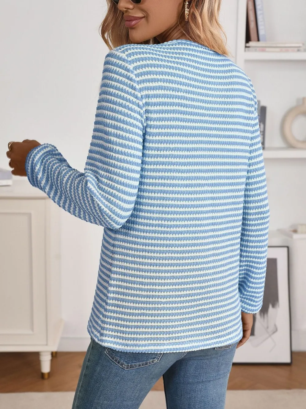 Striped Button Detail Long Sleeve Top, image 13
