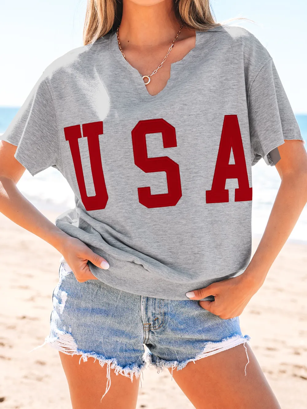 USA Lettering Patch Notched Neck T-Shirt, image 12