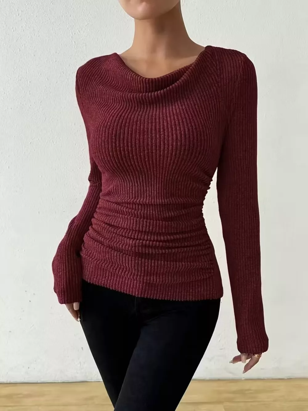 Cowl Neck Ribbed Long Sleeve Sweater, image 13