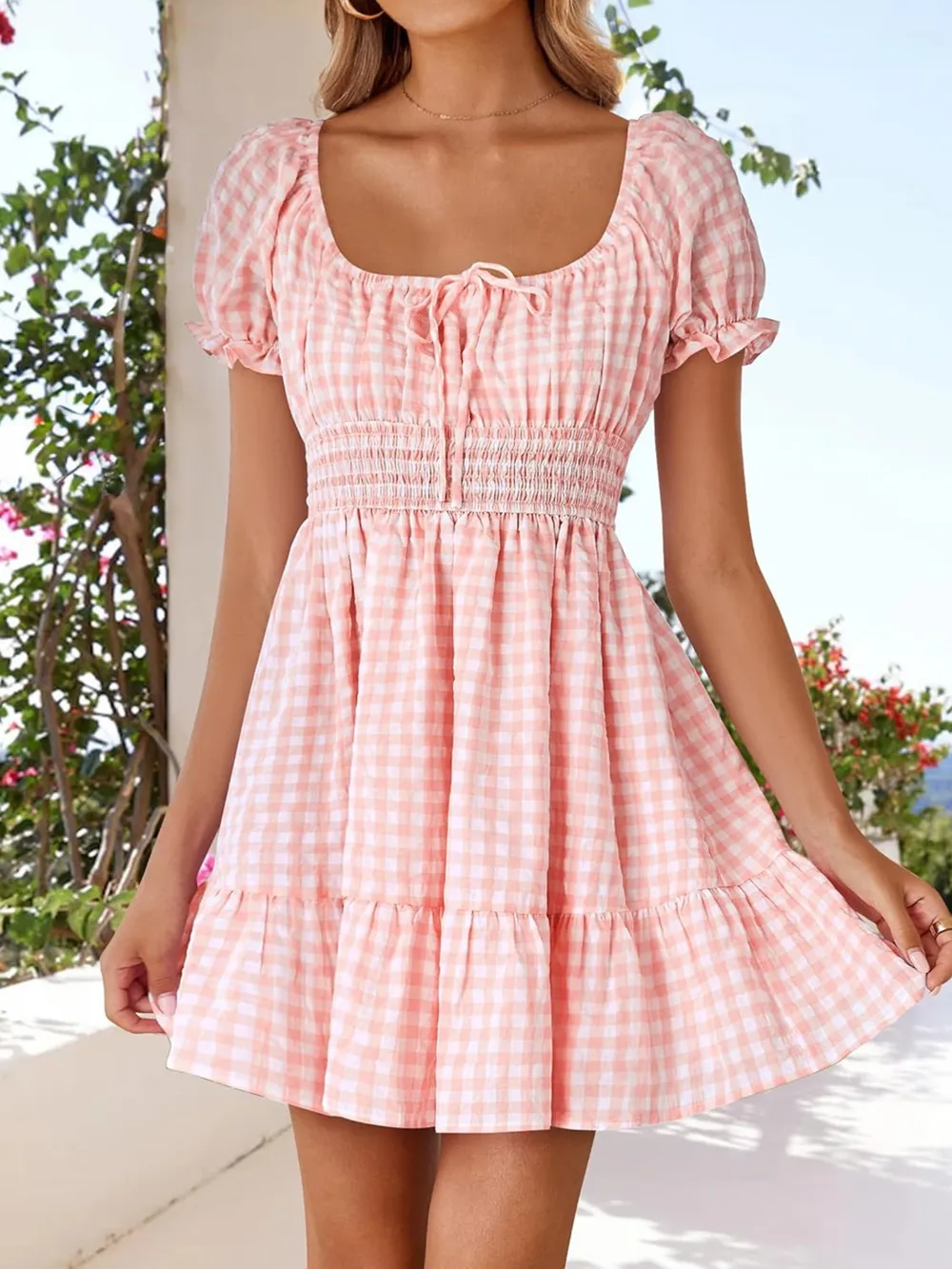Gingham Smocked Puff Sleeve Summer Dress, image 12