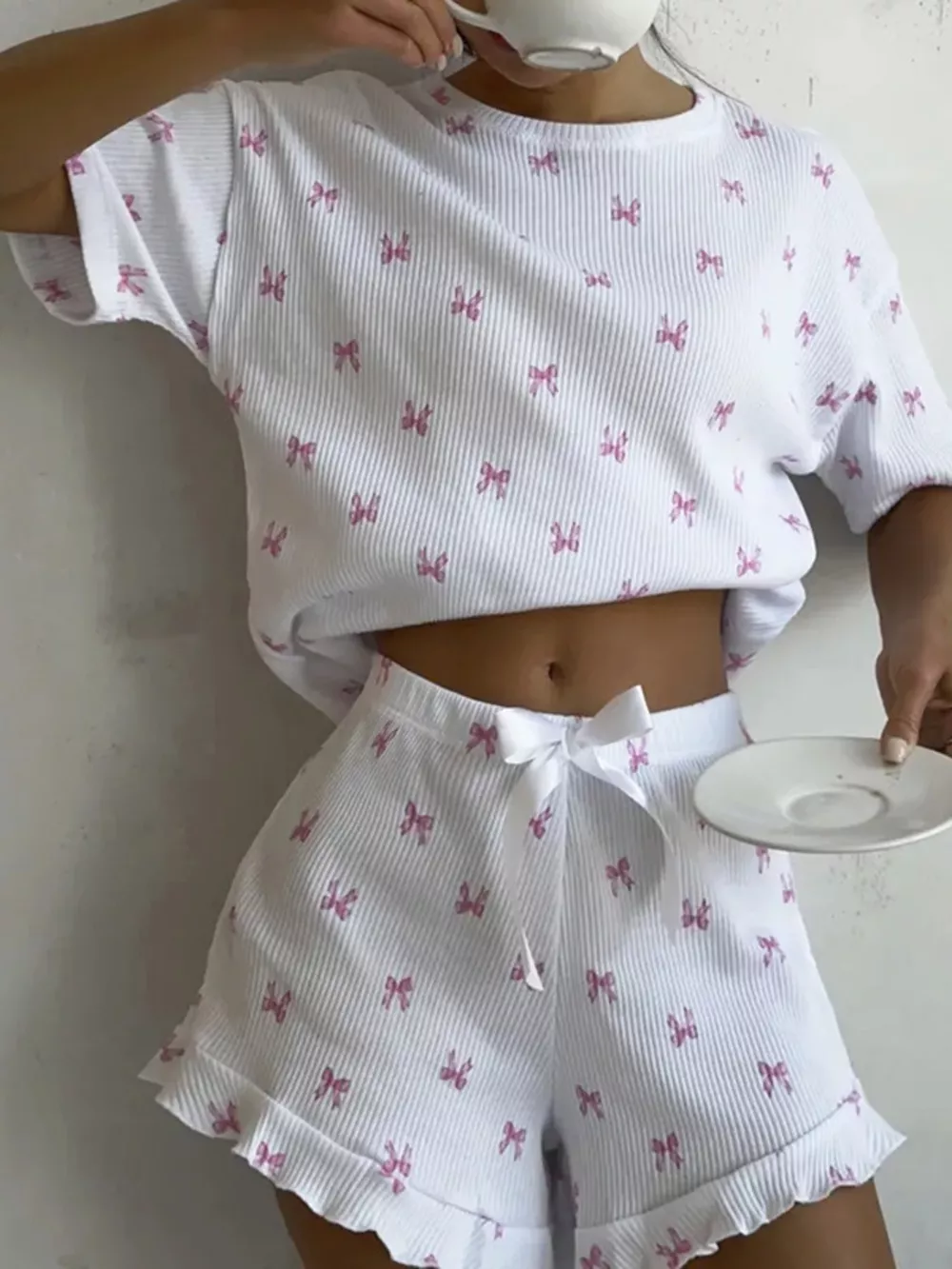 Ribbed Knit Bow Print Top and Shorts Lounge Set, image 4